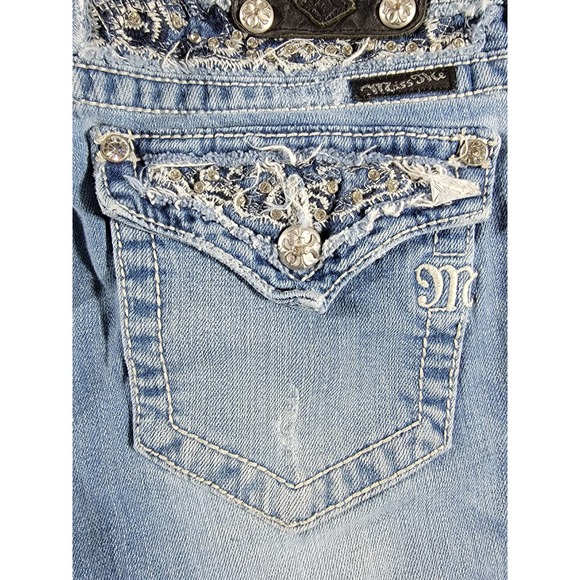 Miss Me Distressed Boot Cut Rhinestone  Denim Jeans 29x34 - Picture 3 of 12